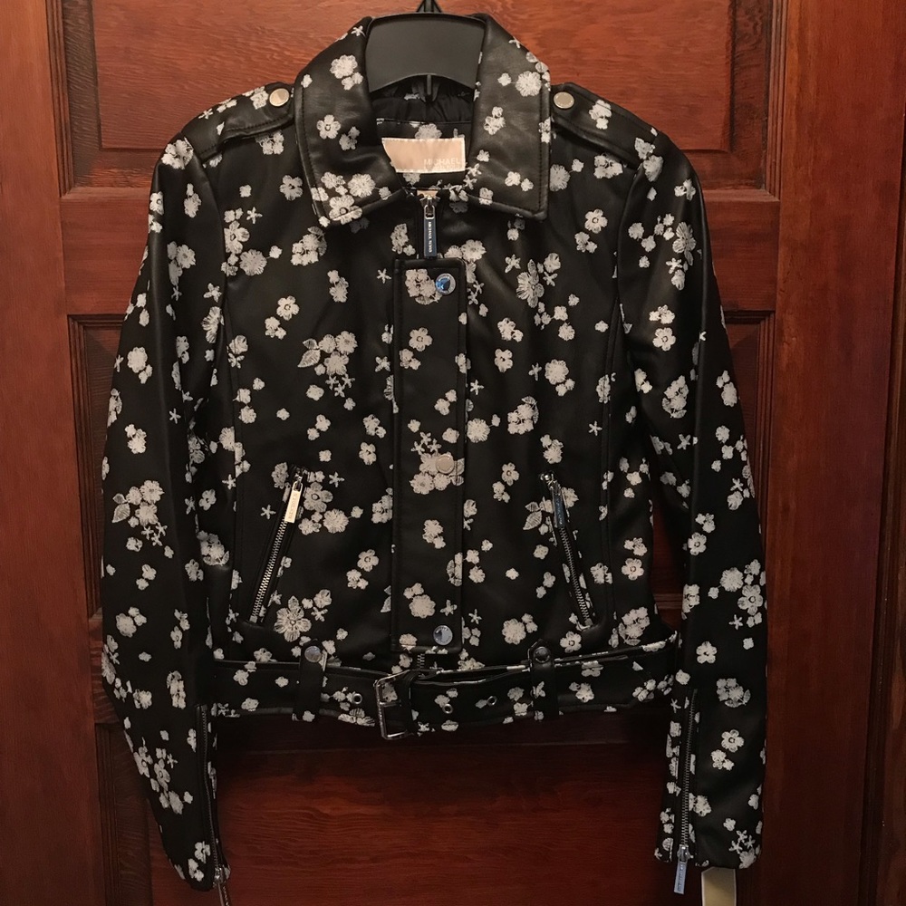 NWT Michael Kors Vegan Leather Floral Moto Jacket Women’s Sz M
